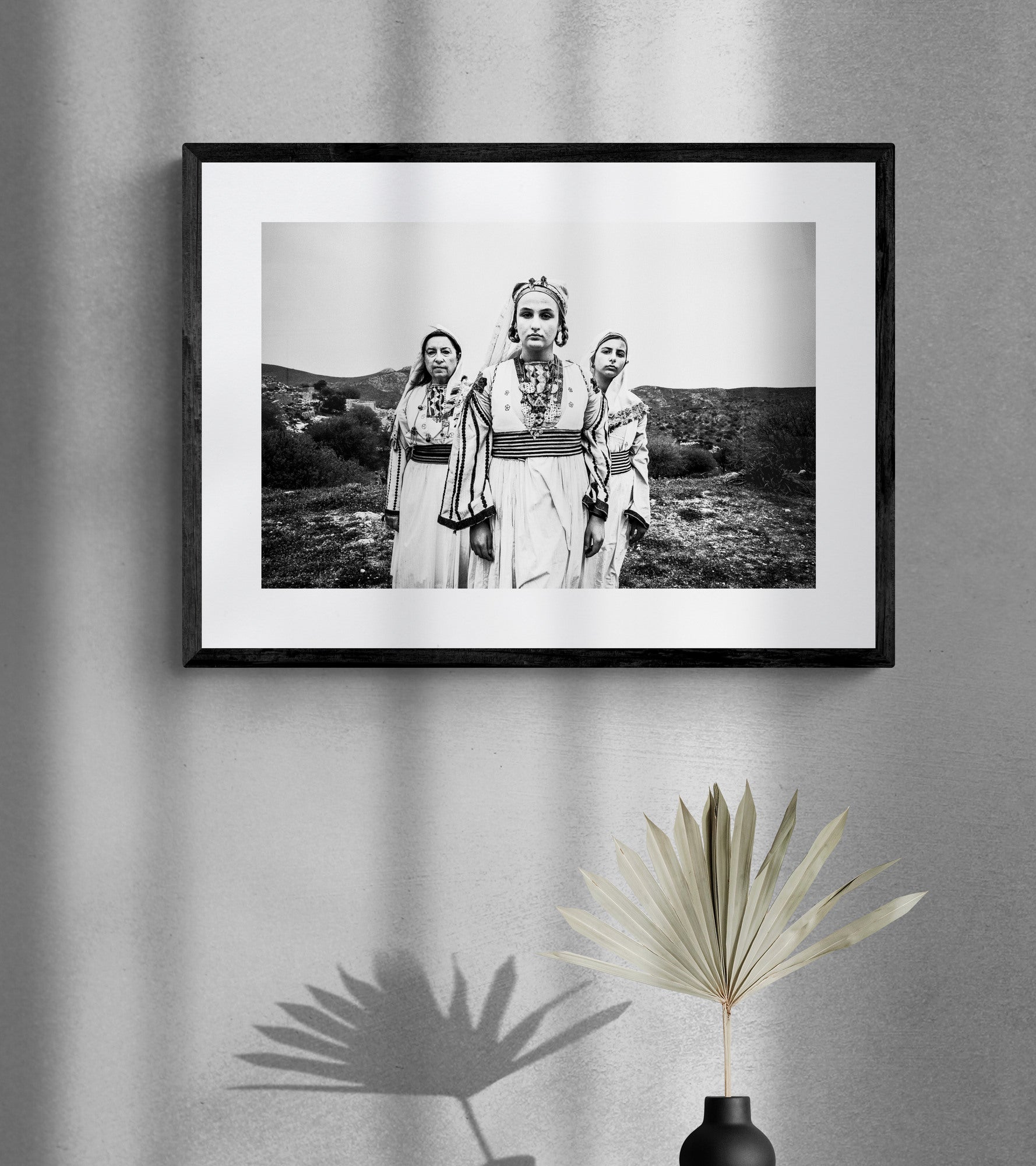 Black and White Photography Wall Art Greece | Costumes of Tilos island on a cliff Dodecanese Greece by George Tatakis - single framed photo