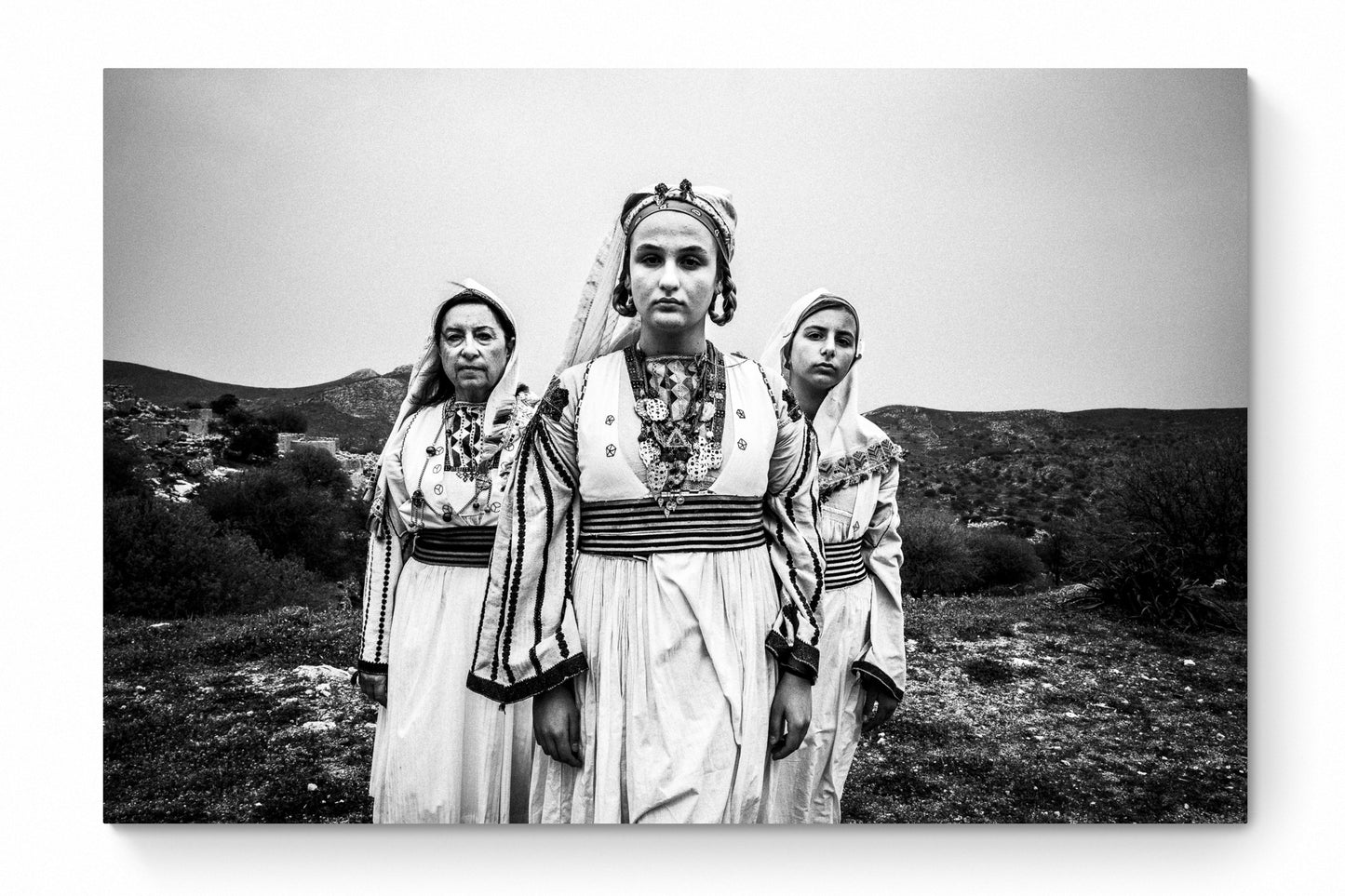 Black and White Photography Wall Art Greece | Costumes of Tilos island on a cliff Dodecanese Greece by George Tatakis - whole photo