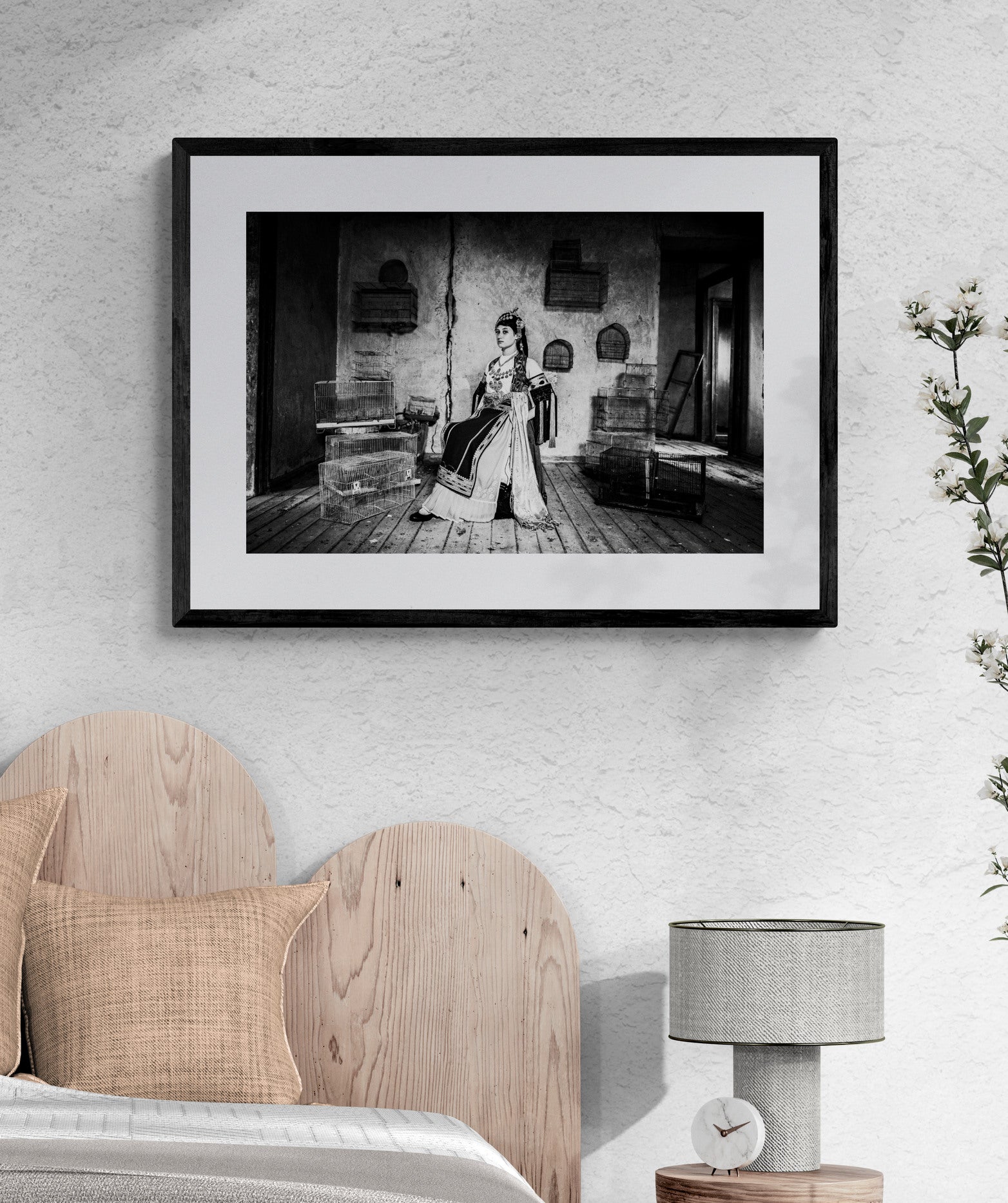 Black and White Photography Wall Art Greece | Girl with Karagouna dress cages in Glinos Trikala Thessaly by George Tatakis - single framed photo