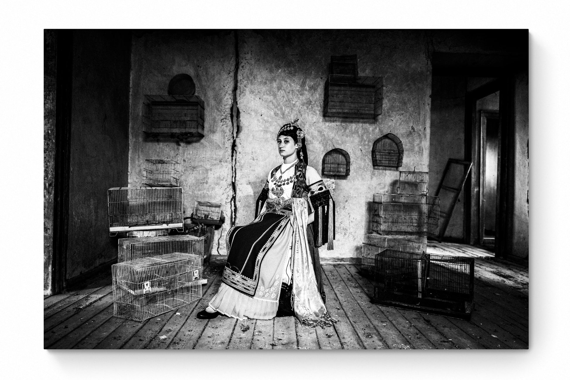 Black and White Photography Wall Art Greece | Girl with Karagouna dress cages in Glinos Trikala Thessaly by George Tatakis - whole photo
