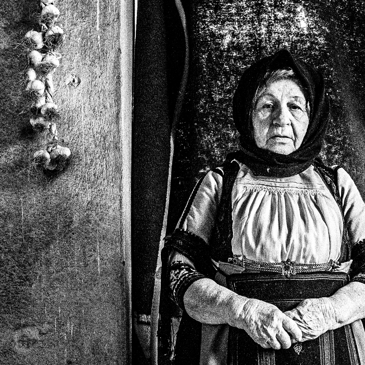 Black and White Photography Wall Art Greece | Old lady in Karagouna dress Glinos Trikala Thessaly by George Tatakis - detailed view