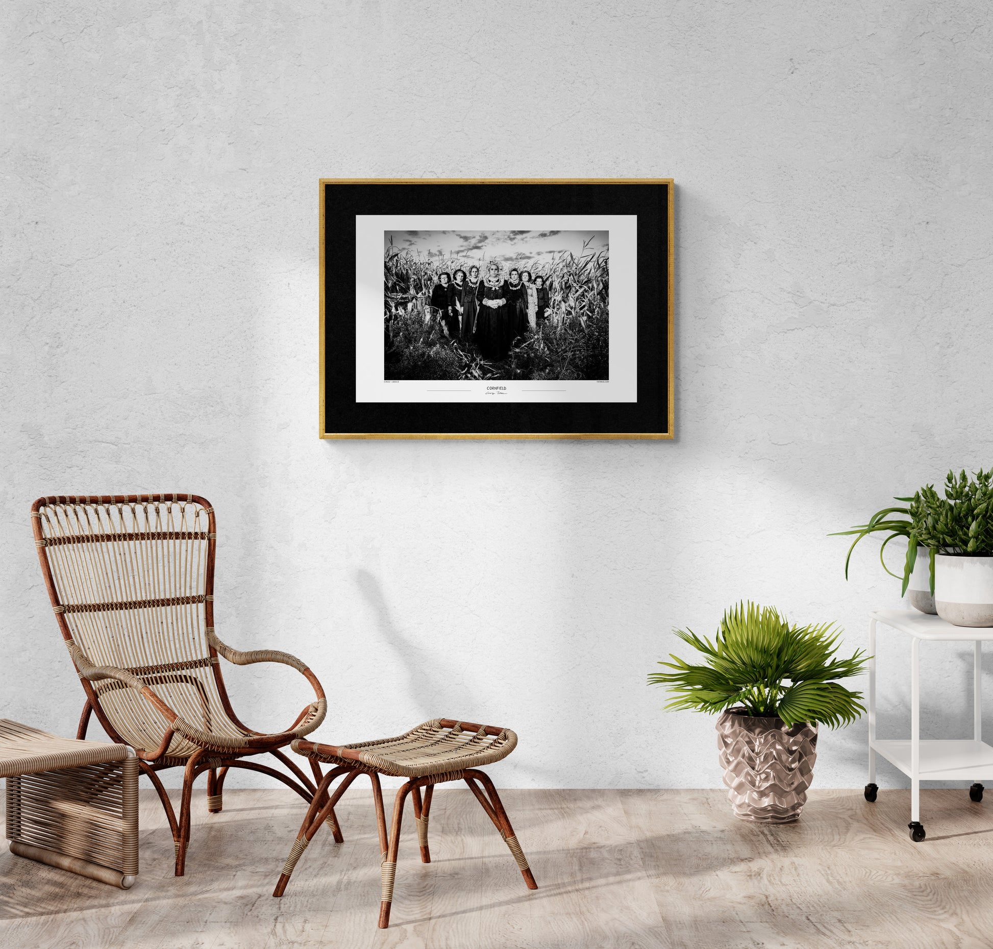 Black and White Photo Wall Art Poster from Greece | Costumes in a Cornfield, Nea Vyssa, Evros, Thrace, by George Tatakis - room with cane armchair