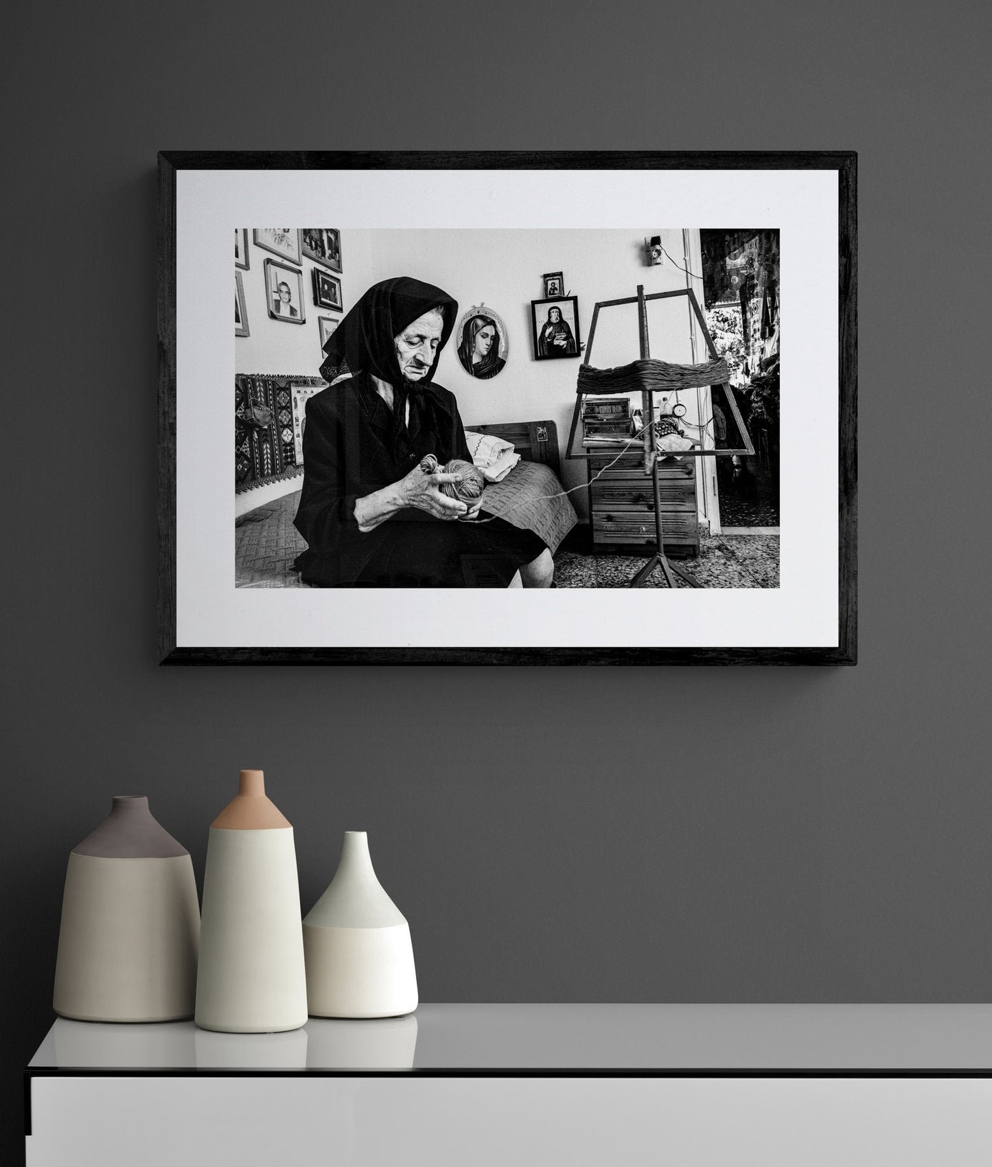 Black and White Photography Wall Art Greece | Lady in Anogia working with a spinning wheel Crete by George Tatakis - single framed photo