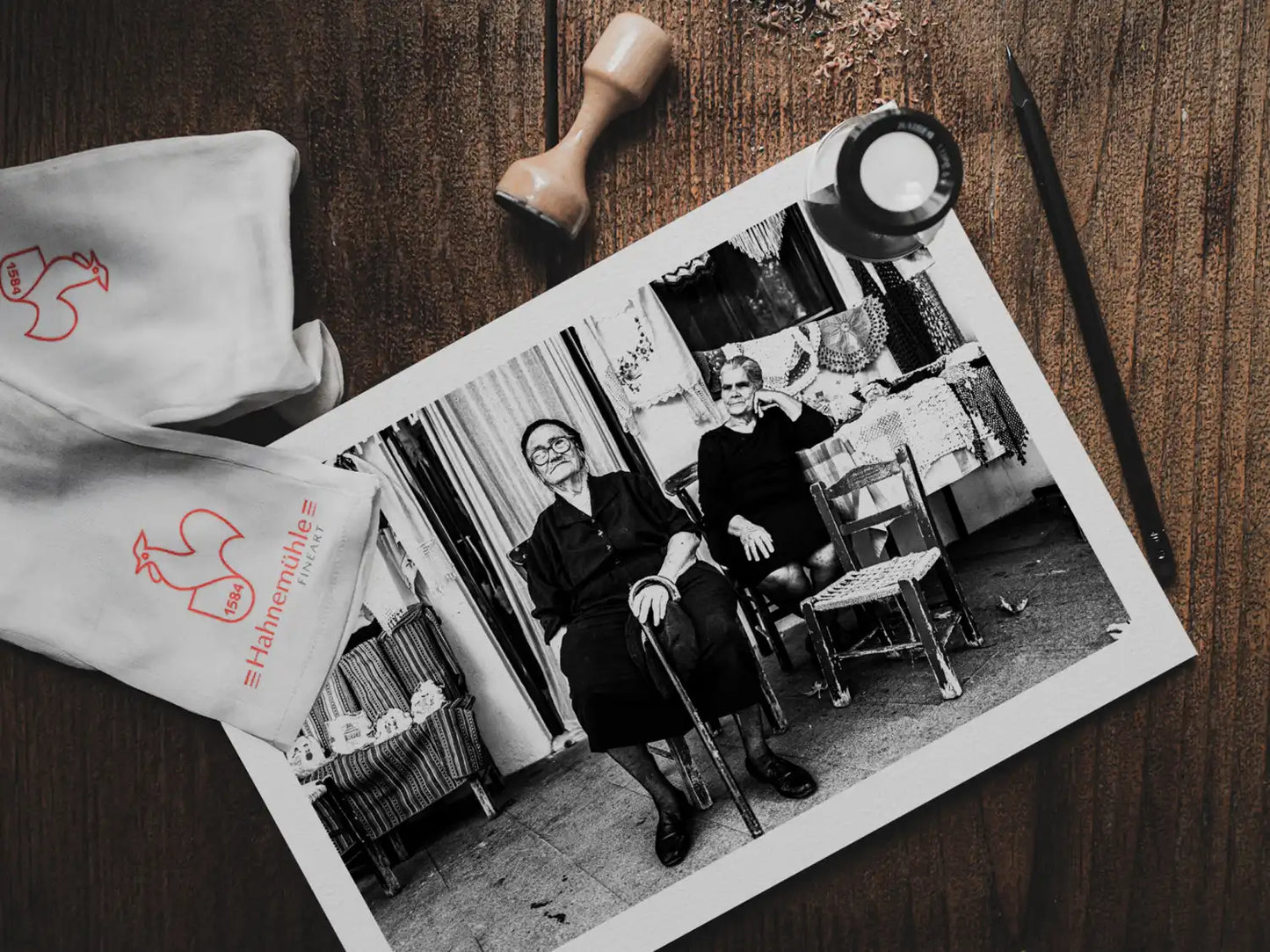 Black and White Photography Wall Art Greece | Two ladies in front of a local shop Anogia Crete by George Tatakis - photo print on table