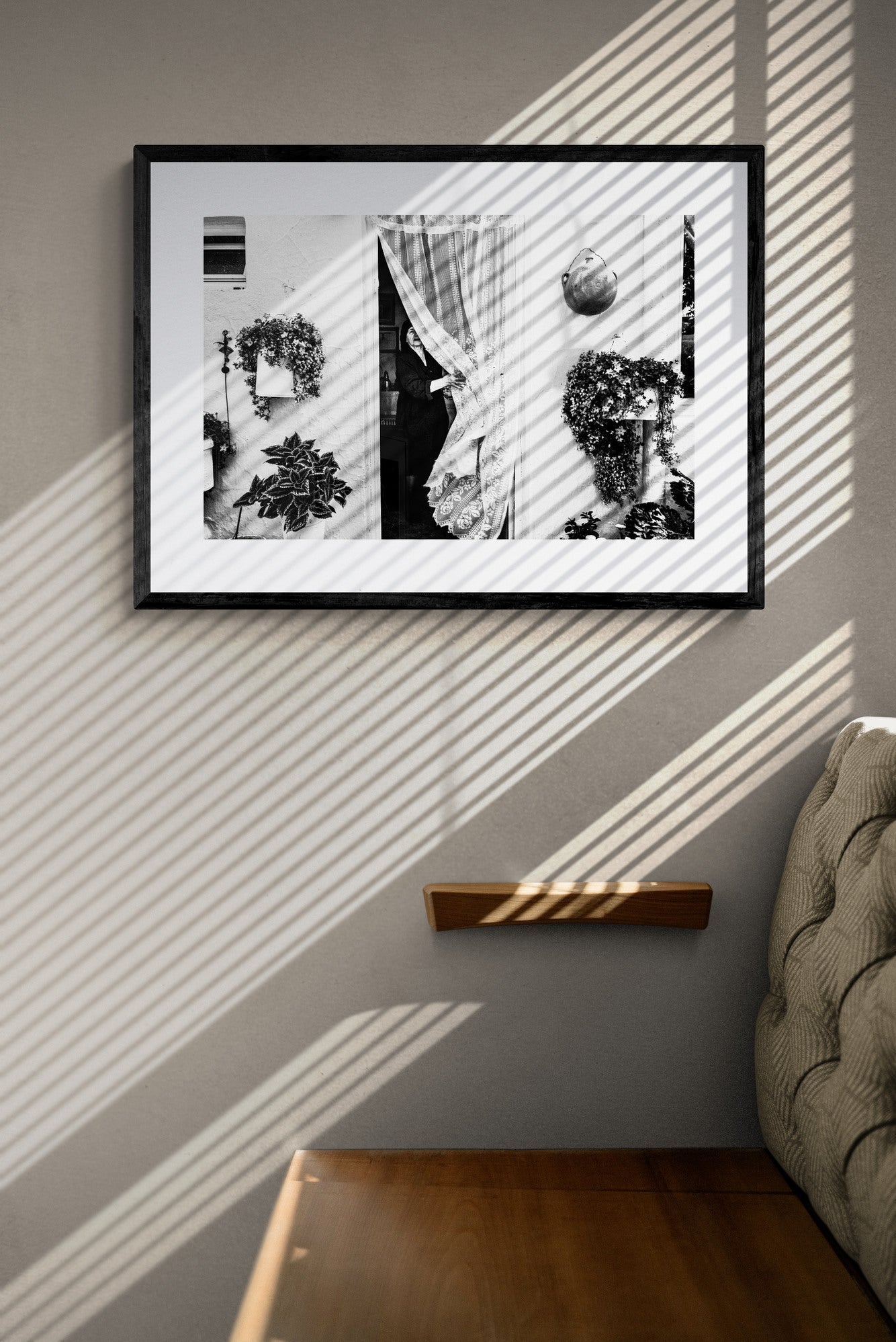 Black and White Photography Wall Art Greece | Lady in Anogia behind a curtain Crete by George Tatakis - single framed photo