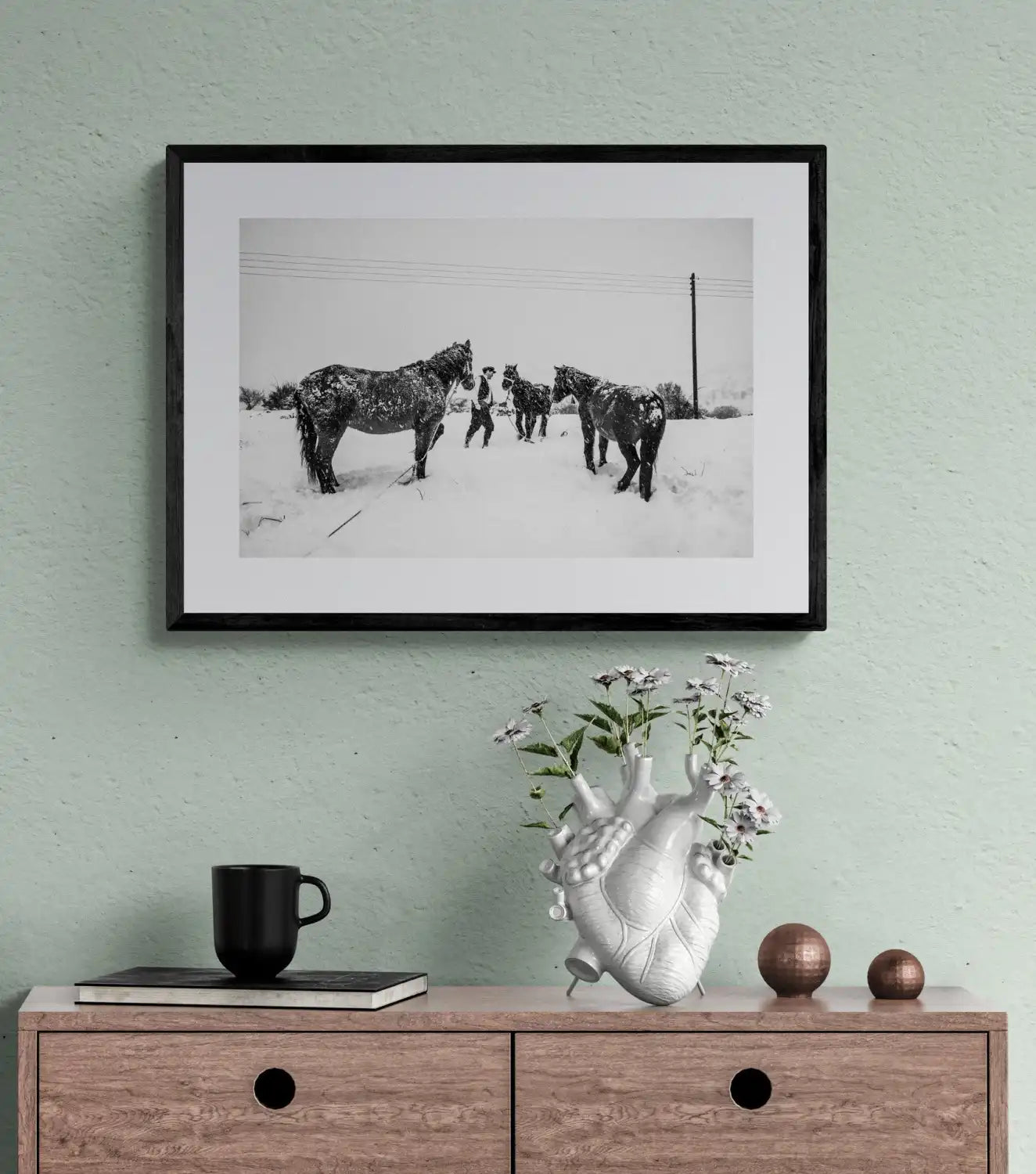 Black and White Photography Wall Art Greece | Horses in Volax Drama by George Tatakis - single framed photo