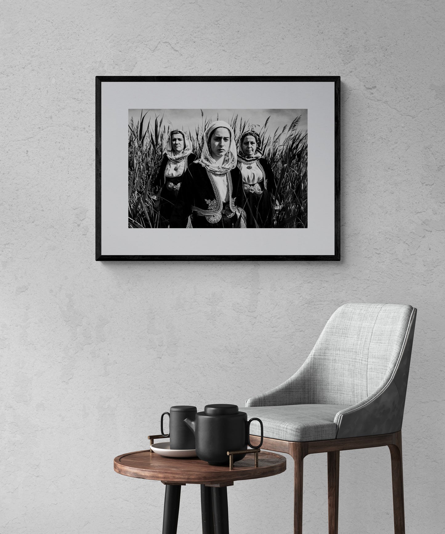 Black and White Photography Wall Art Greece by George Tatakis | Three women in the costume of Kymi in a field of straws, Euboea island - single framed photo