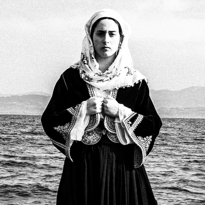Black and White Photography Wall Art Greece by George Tatakis | A woman in the costume of Kymi, Euboea island - detailed view