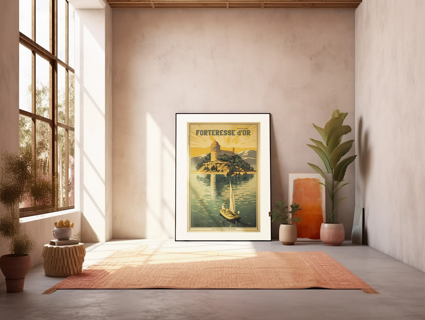 Color Retro Poster Wall Art from Greece by George Tatakis | A boat sailing by the Fortress of Corfu - Art studio in sunlight