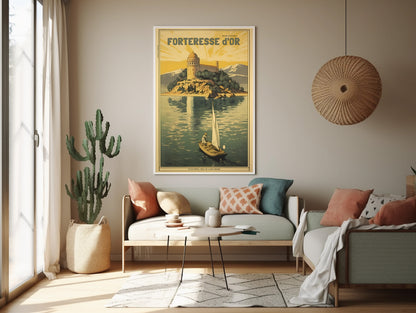 Color Retro Poster Wall Art from Greece by George Tatakis | A boat sailing by the Fortress of Corfu - bohemian room