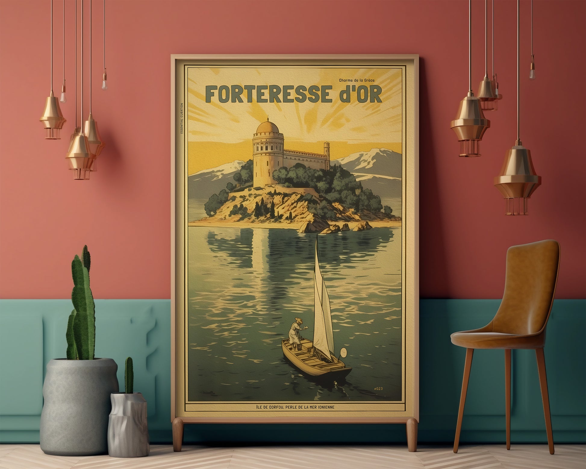 Color Retro Poster Wall Art from Greece by George Tatakis | A boat sailing by the Fortress of Corfu - eclectic room