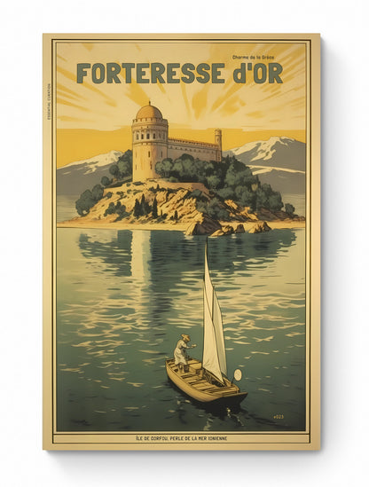 Color Retro Poster Wall Art from Greece by George Tatakis | A boat sailing by the Fortress of Corfu - poster