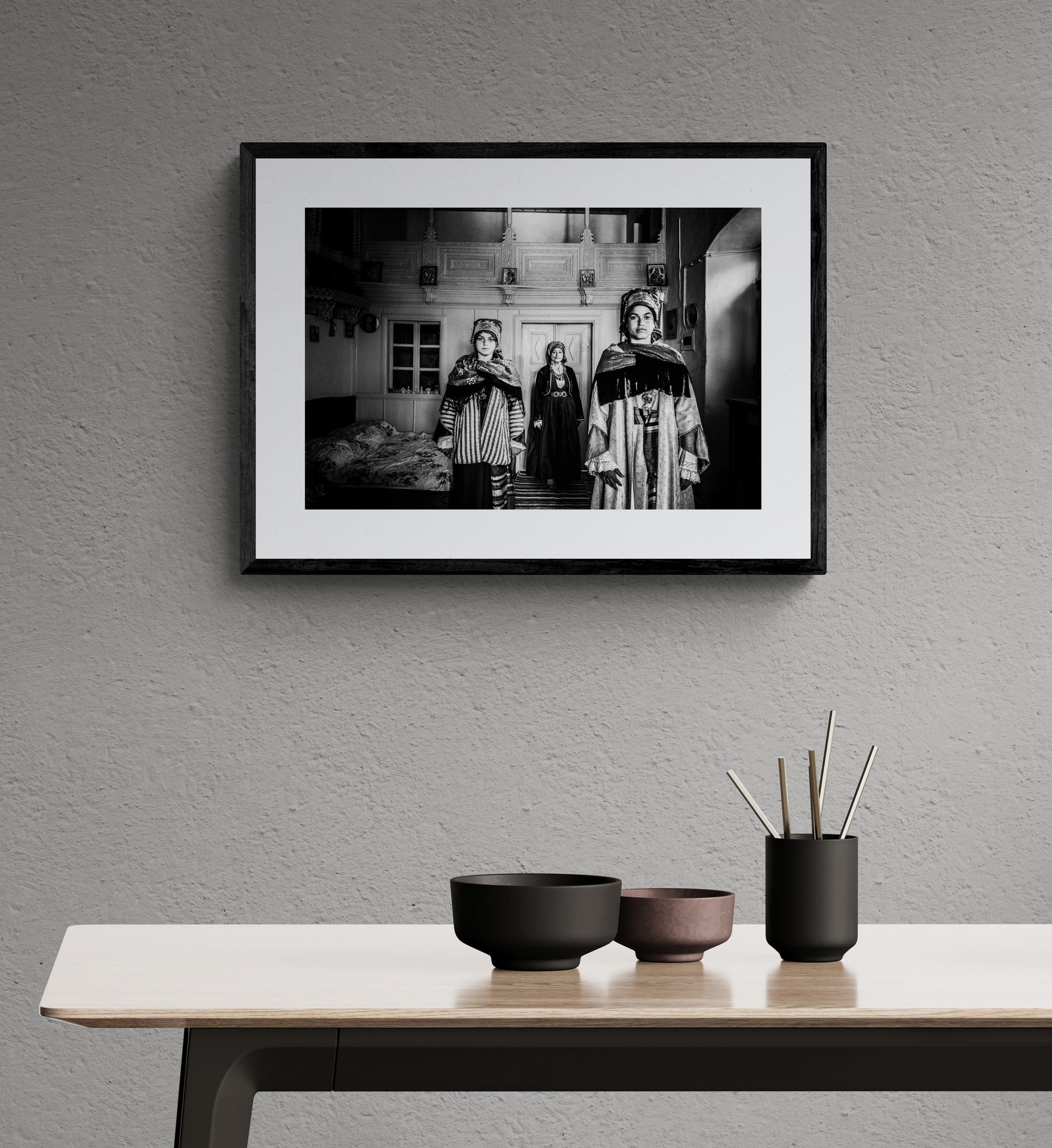 Black and White Photography Wall Art Greece | Three ladies in the traditional costumes of Symi island inside a house Dodecanese Greece - single framed photo