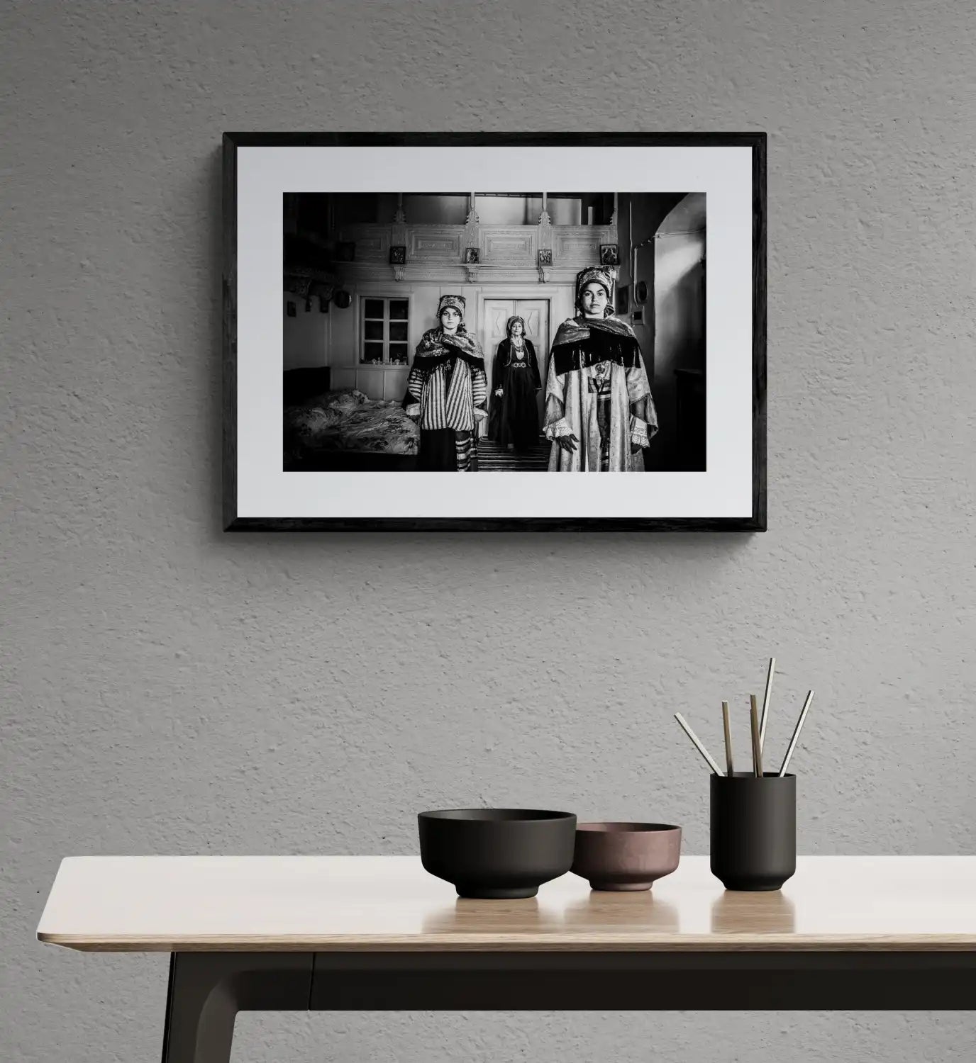 Black and White Photography Wall Art Greece | Three ladies in the traditional costumes of Symi island inside a house Dodecanese Greece - single framed photo