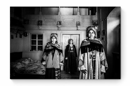 Black and White Photography Wall Art Greece | Three ladies in the traditional costumes of Symi island inside a house Dodecanese Greece. - whole photo