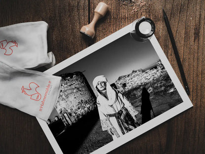 Black and White Photography Wall Art Greece | A woman in the costume of Kallamoti Chios island Greece - print on table