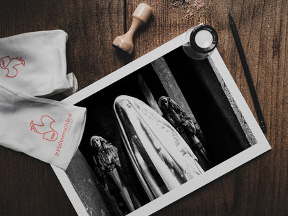 Veiled bride with two supporting figures in Kyparissia local costumes. Peloponnese, Greece. Black and white photography print on a table by George Tatakis.