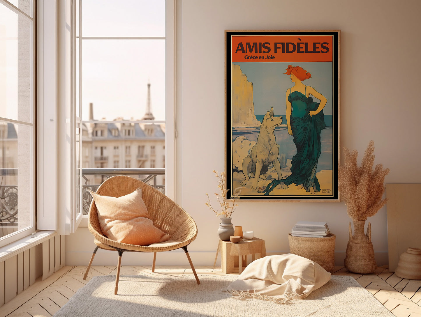 Color Retro Poster Wall Art from Greece by George Tatakis | Lady with Dog by the sea - room in France