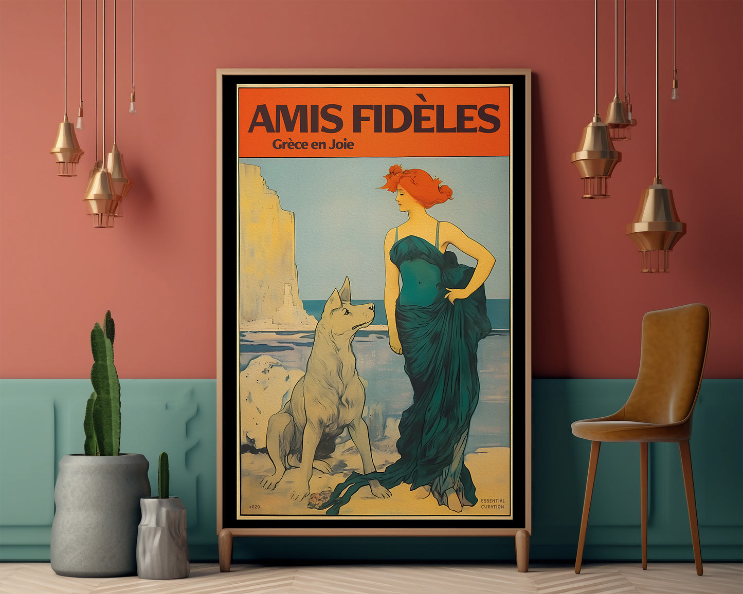 Color Retro Poster Wall Art from Greece by George Tatakis | Lady with Dog by the sea - eclectic room