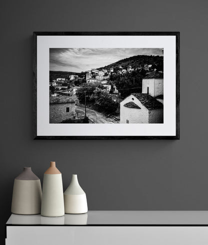 Black and White Photography Wall Art Greece | View of Prastos village Arcadia Peloponnese by George Tatakis - single framed photo