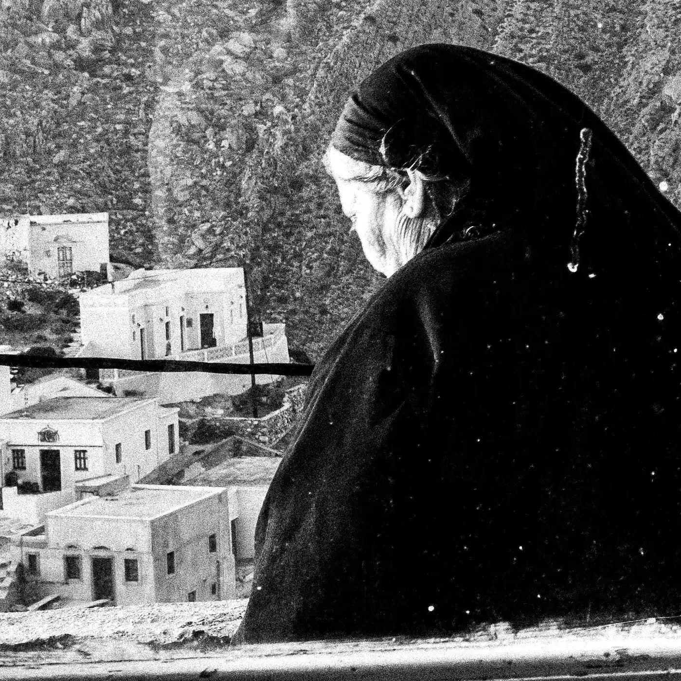 Black and White Photography Wall Art Greece | Two women in Olympos Karpathos Dodecanese by George Tatakis - detailed view