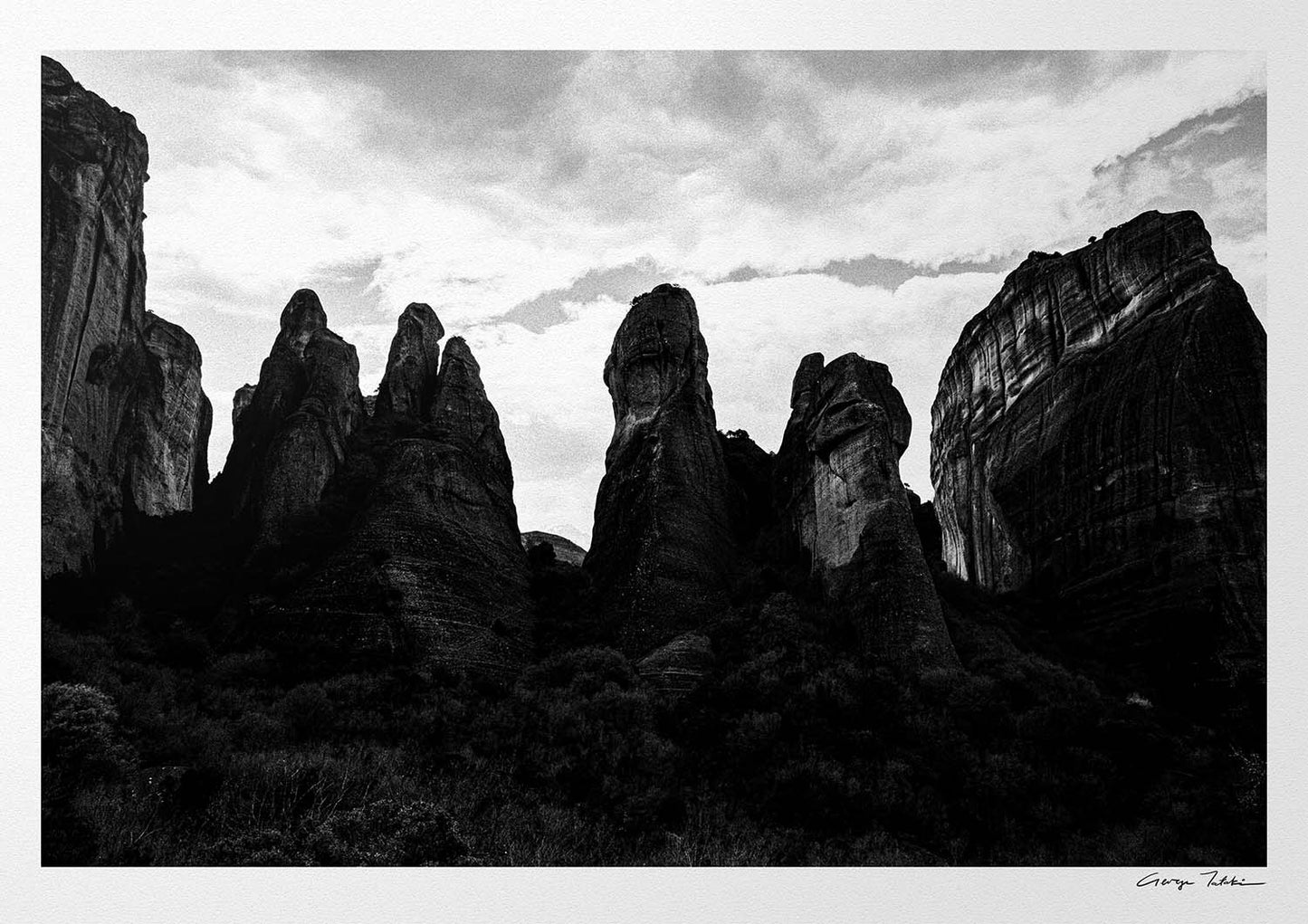 Meteora pillar formations. Black-and-white photography print by George Tatakis, from the project Chorōs. 