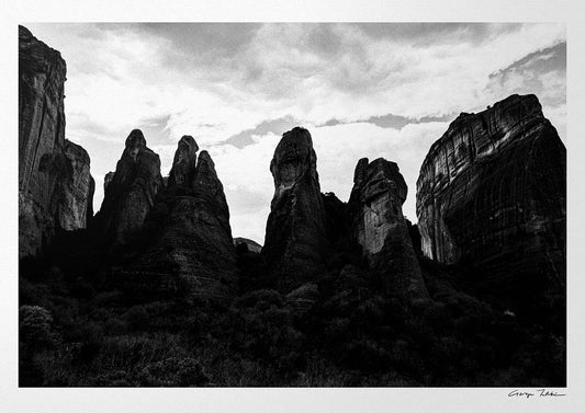 Meteora pillar formations. Black-and-white photography print by George Tatakis, from the project Chorōs. 