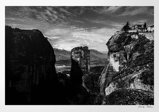 Rock pillars at Meteora. Black-and-white photography print by George Tatakis from the project Chorōs.