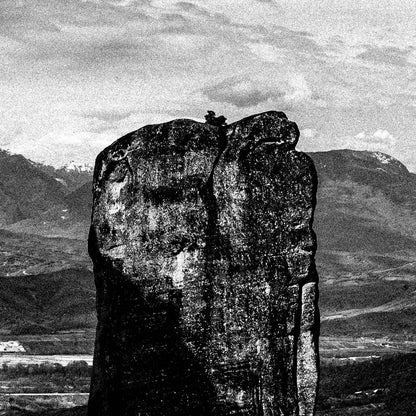 Rock pillars at Meteora. Black-and-white photography print by George Tatakis from the project Chorōs. Close-up detail