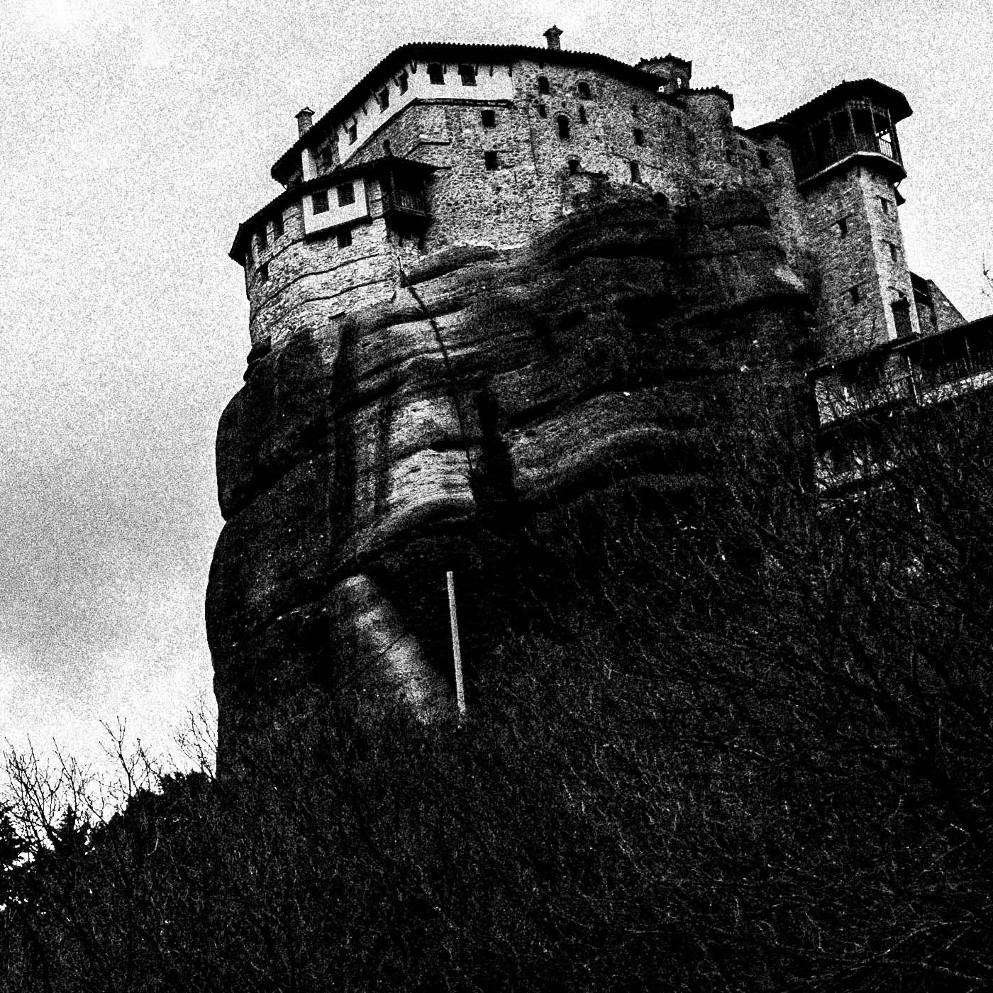 Monastery at Meteora (Roussanou). Black-and-white photography artwork by George Tatakis from the project Chorōs. Close-up detail