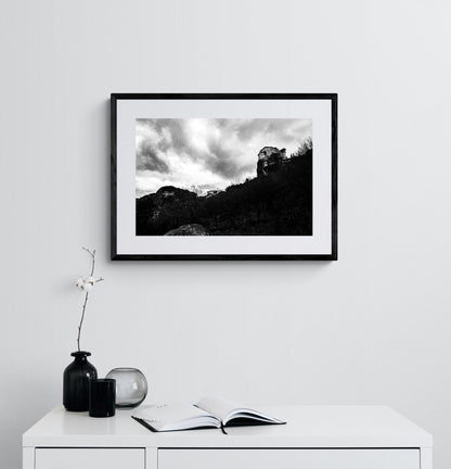 Monastery at Meteora (Roussanou). Black-and-white photography artwork by George Tatakis from the project Chorōs. Framed on a white wall