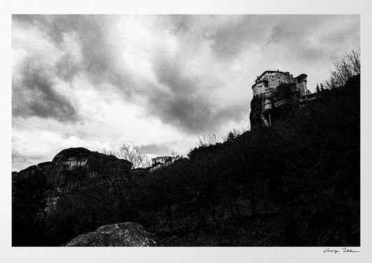 Monastery at Meteora (Roussanou). Black-and-white photography artwork by George Tatakis from the project Chorōs.