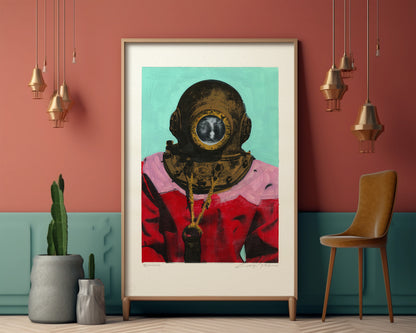 Painting Pop Art Wall Art from Greece | Baby Blue & Pink sponge diver from Kalymnos island, by George Tatakis - inside an eclectic room