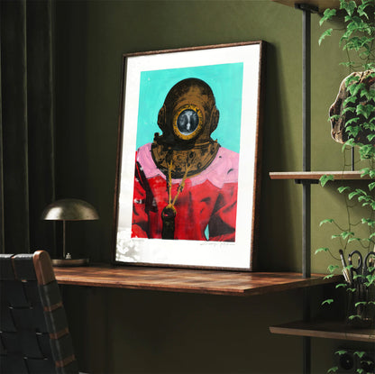 Painting Pop Art Wall Art from Greece | Baby Blue & Pink sponge diver from Kalymnos island, by George Tatakis - Framed Poster