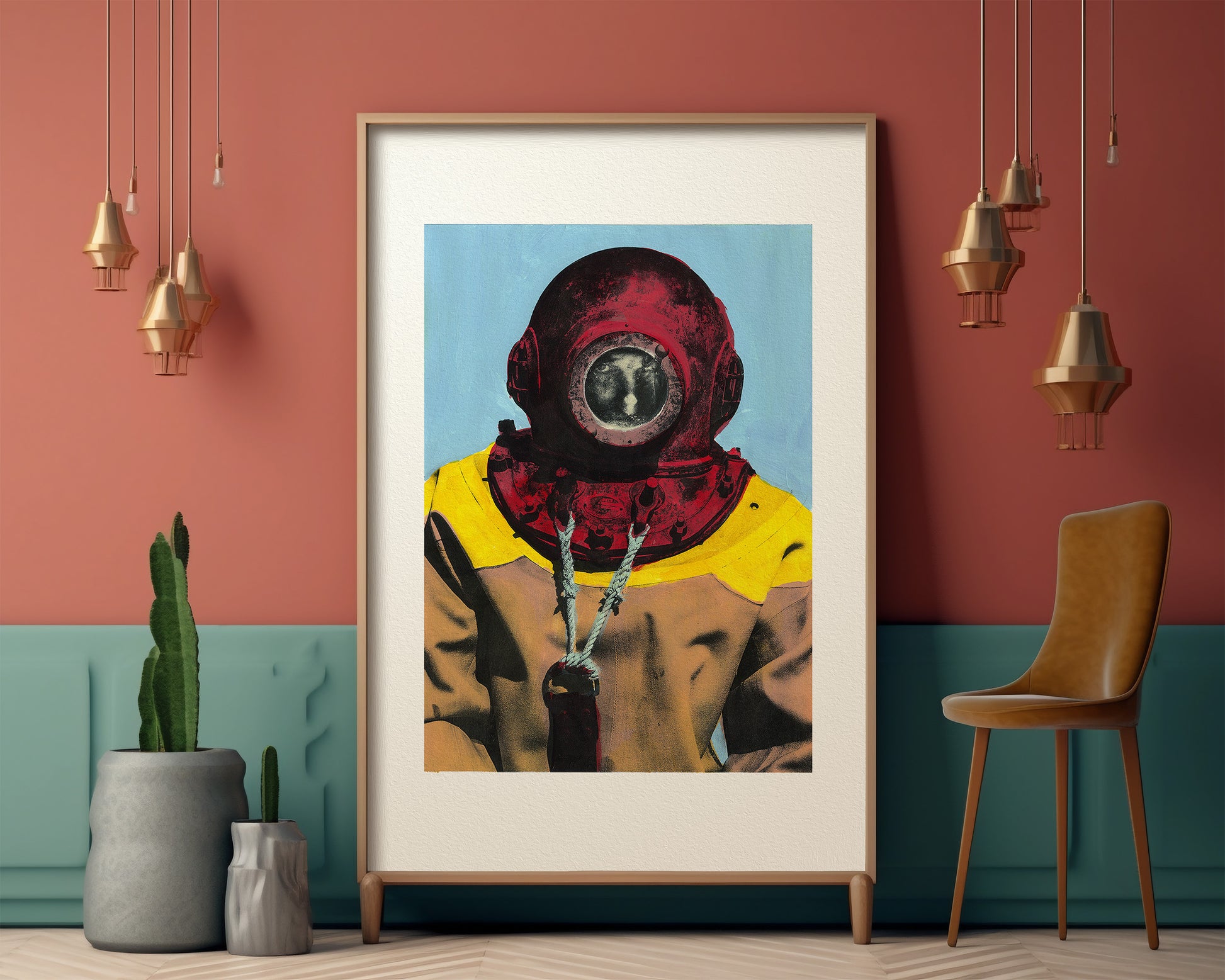 Painting Pop Art Wall Art from Greece | Baby blue & red sponge diver from Kalymnos island, by George Tatakis - inside an eclectic room