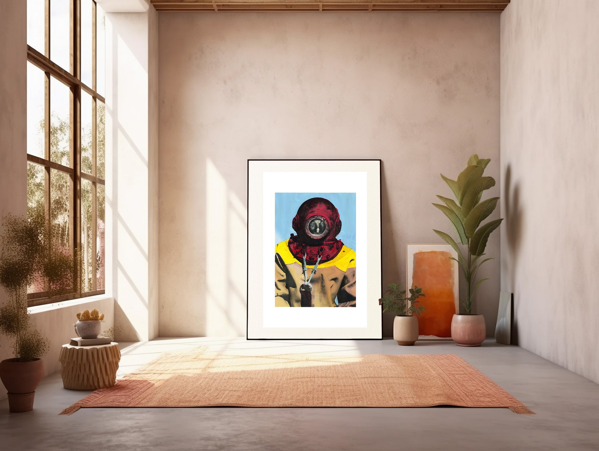 Painting Pop Art Wall Art from Greece | Baby blue & red sponge diver from Kalymnos island, by George Tatakis - inside a sunlight room