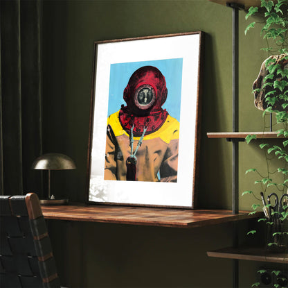 Painting Pop Art Wall Art from Greece | Baby blue & red sponge diver from Kalymnos island, by George Tatakis - Framed poster