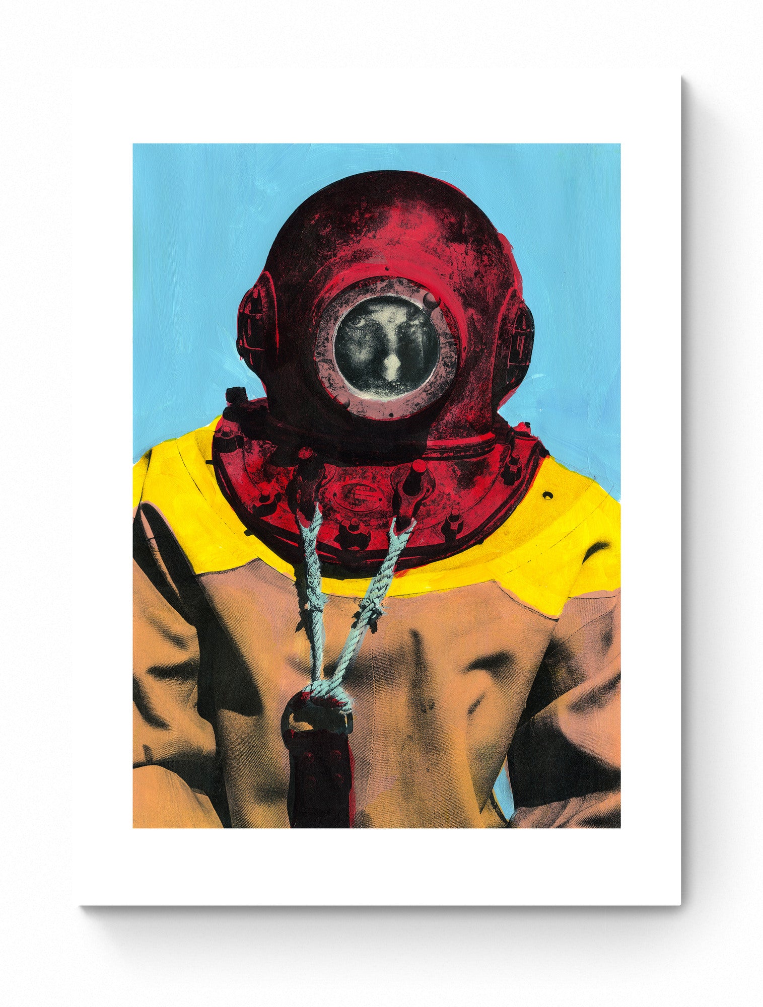 Painting Pop Art Wall Art from Greece | Baby blue & red sponge diver from Kalymnos island, by George Tatakis - poster