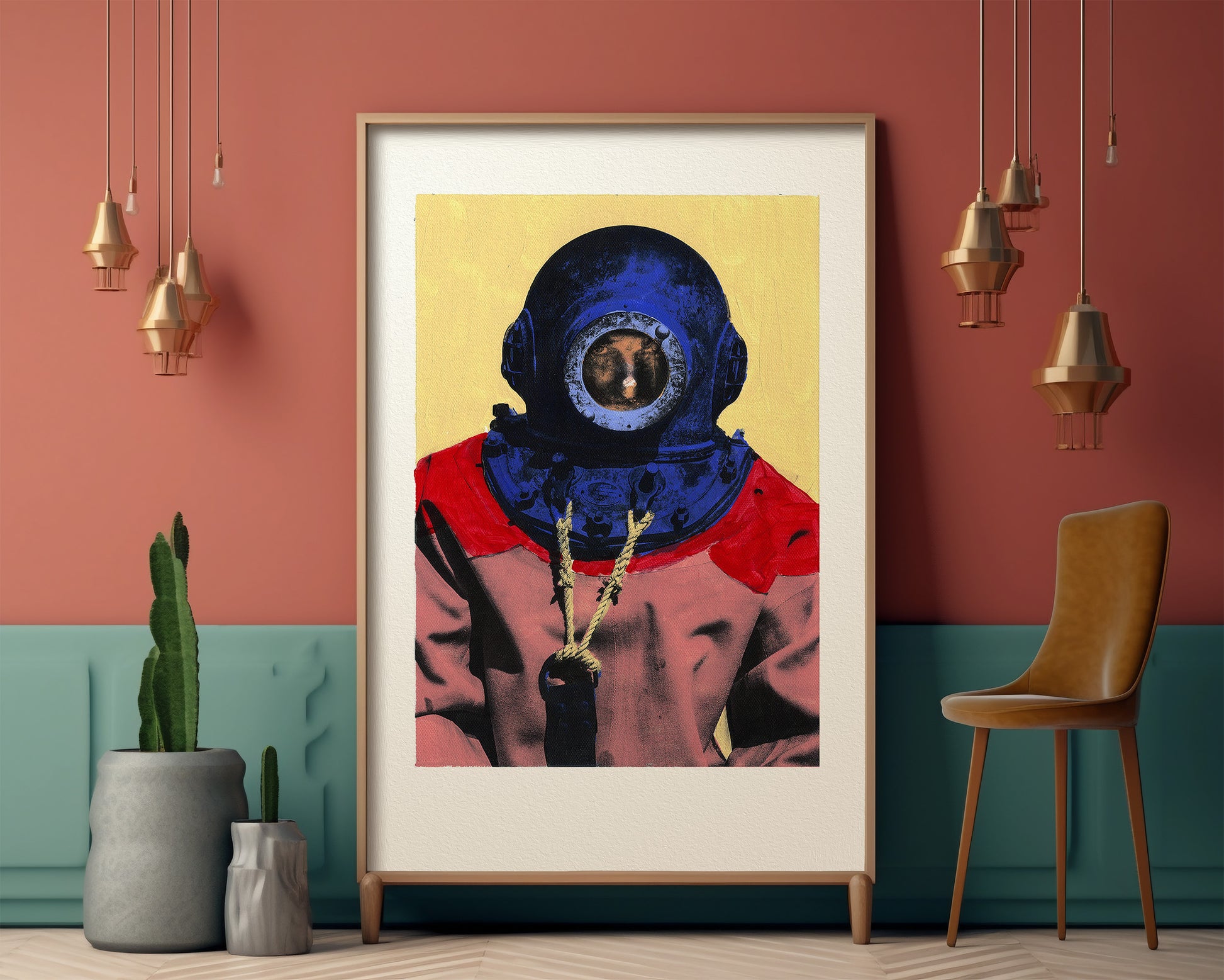 Painting Pop Art Wall Art from Greece | Canary & Blue sponge diver from Kalymnos island, by George Tatakis - inside an eclectic room