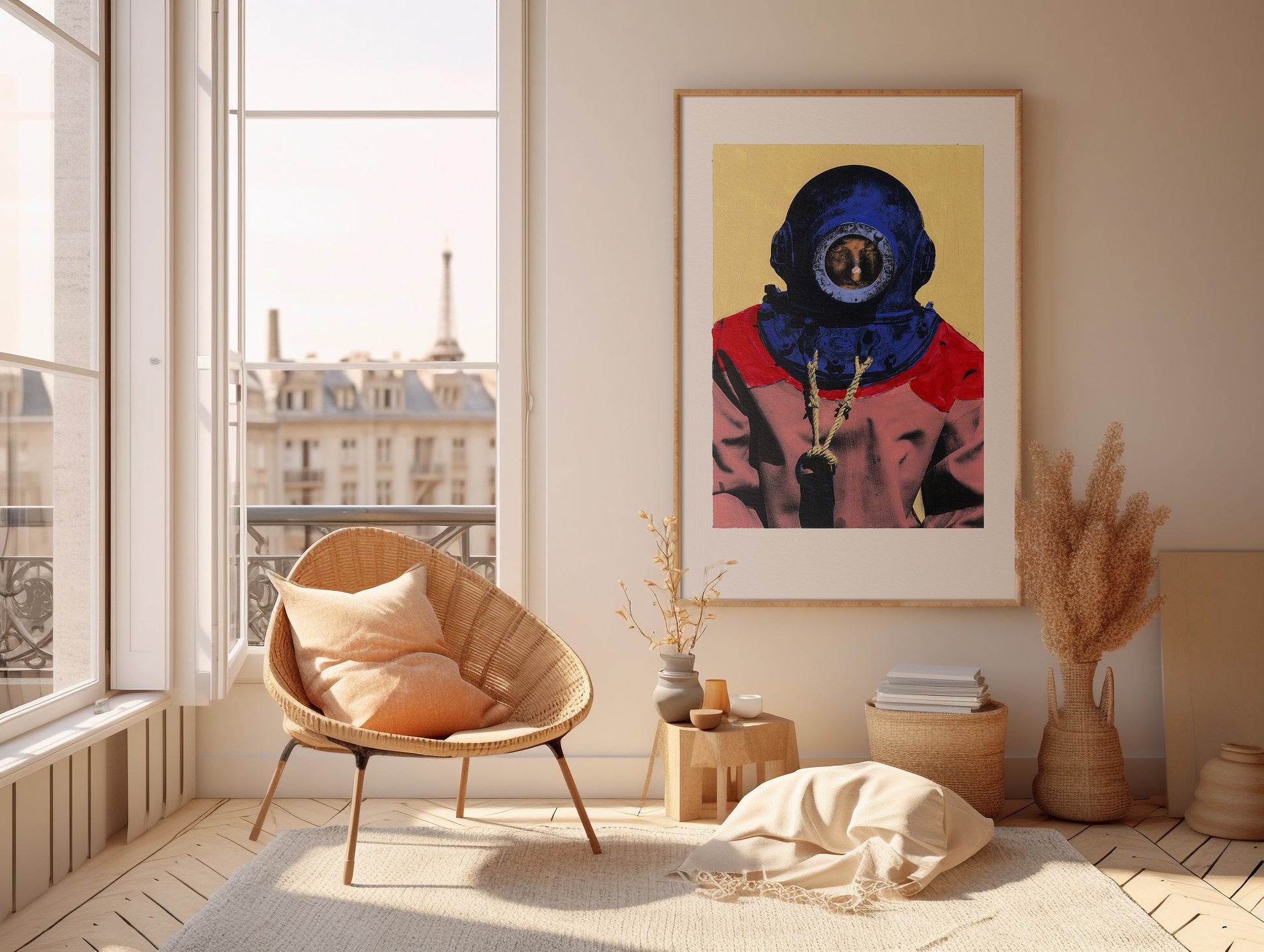 Painting Pop Art Wall Art from Greece | Canary & Blue sponge diver from Kalymnos island, by George Tatakis - inside a room in Paris