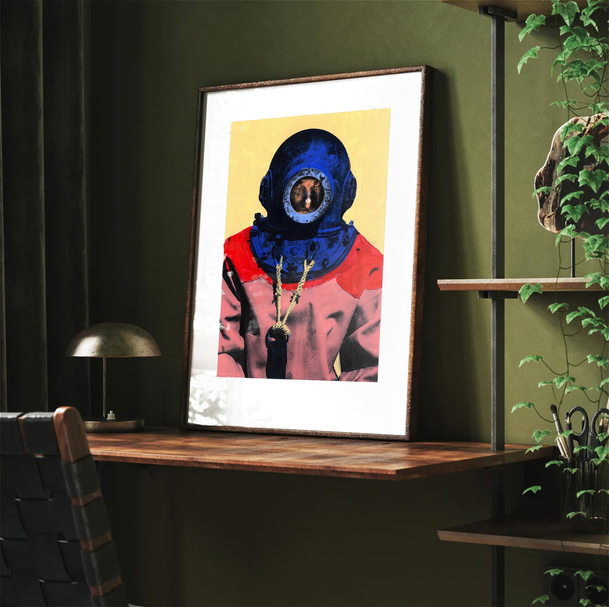 Painting Pop Art Wall Art from Greece | Canary & Blue sponge diver from Kalymnos island, by George Tatakis - framed poster