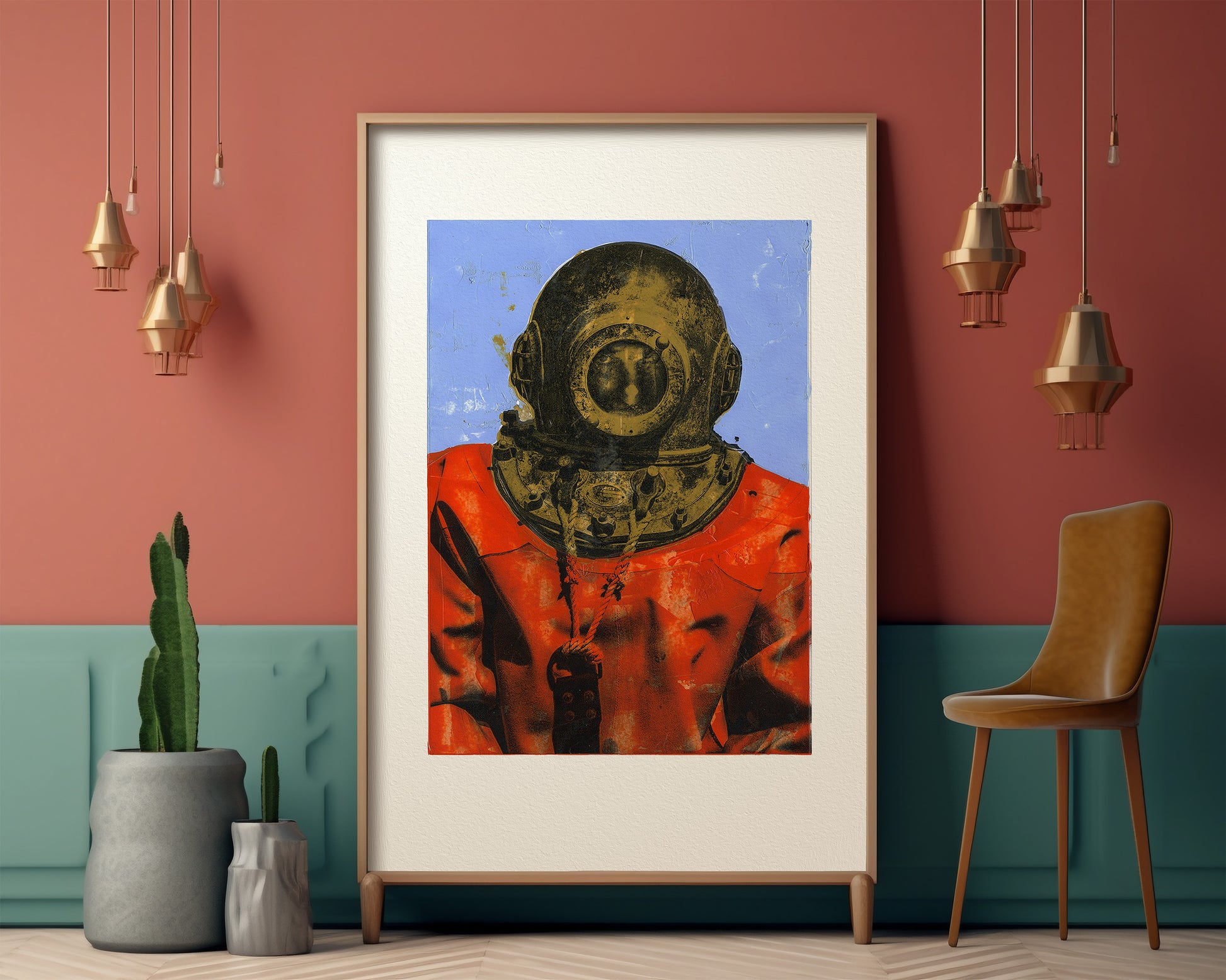 Painting Pop Art Wall Art from Greece | Duotone sponge diver from Kalymnos island, by George Tatakis - inside an eclectic room