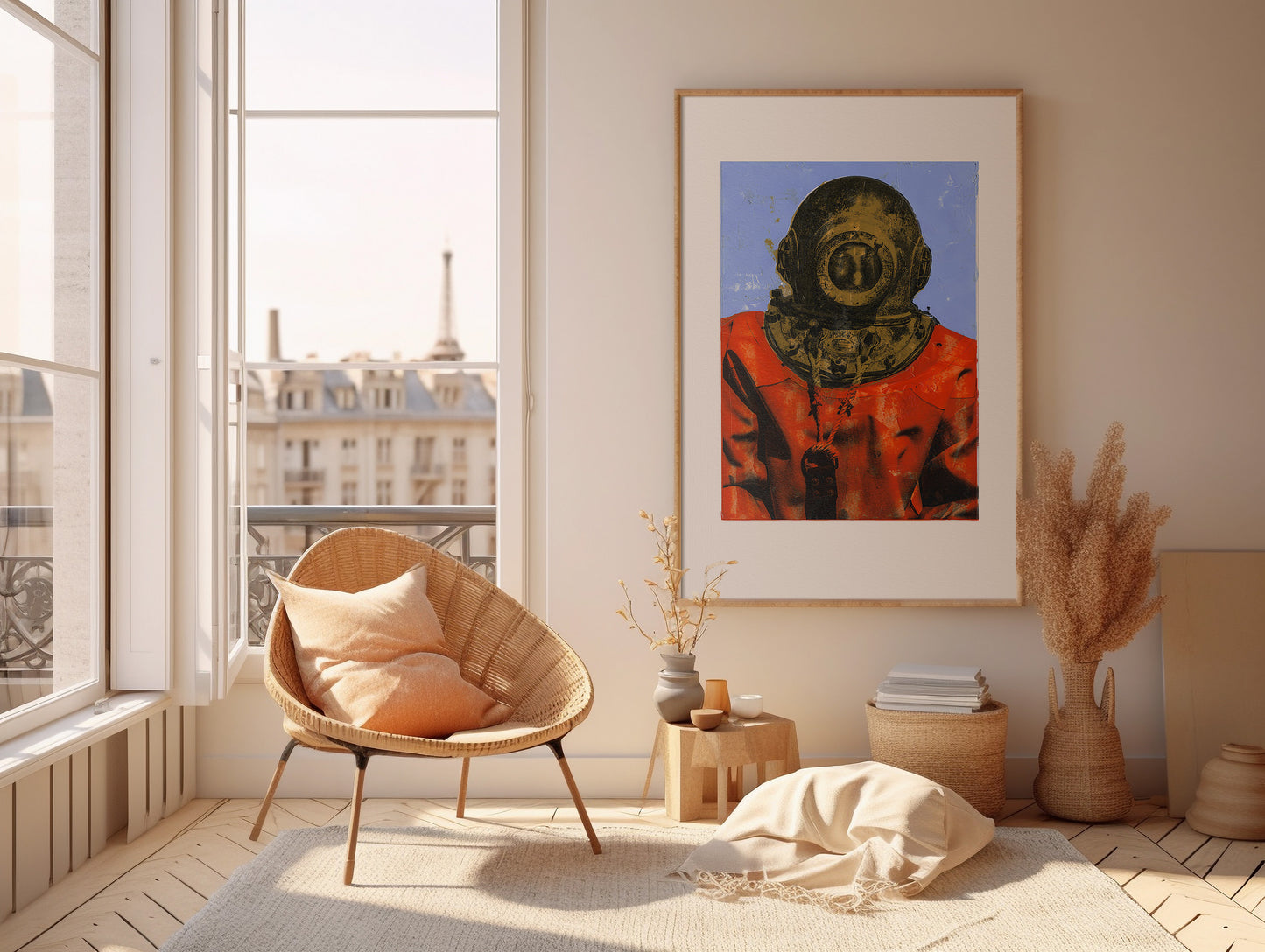 Painting Pop Art Wall Art from Greece | Duotone sponge diver from Kalymnos island, by George Tatakis - inside a room in Paris
