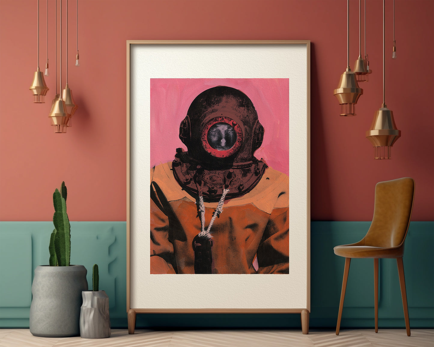 Painting Pop Art Wall Art from Greece | Flat Pink sponge diver from Kalymnos island, by George Tatakis - inside an eclectic room