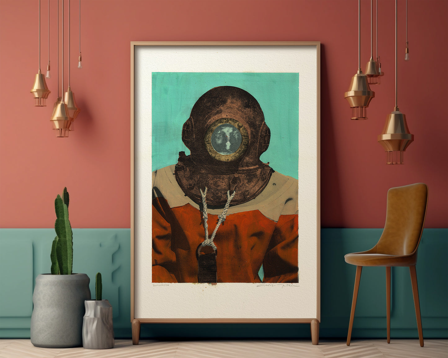 Painting Pop Art Wall Art from Greece | Flat Turquoise sponge diver from Kalymnos island, by George Tatakis - inside an eclectic room