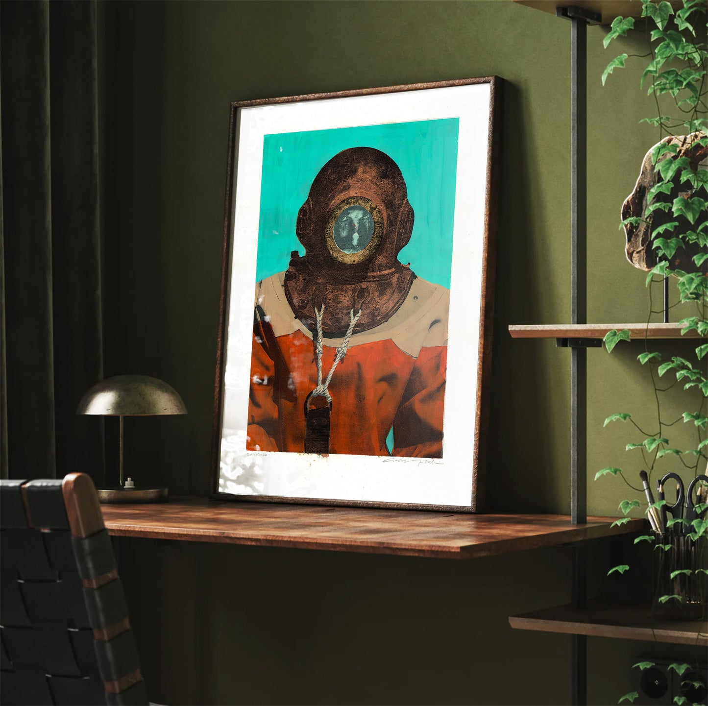 Painting Pop Art Wall Art from Greece | Flat Turquoise sponge diver from Kalymnos island, by George Tatakis - Framed Poster