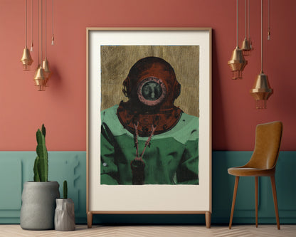 Painting Pop Art Wall Art from Greece | Golden Backdrop sponge diver from Kalymnos island, by George Tatakis - inside an eclectic room
