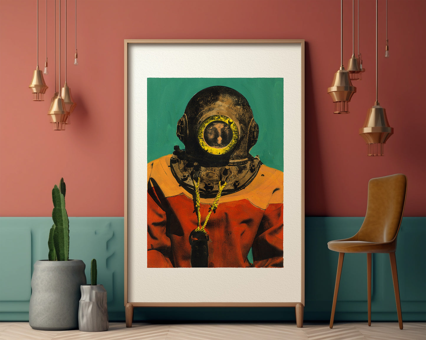 Painting Pop Art Wall Art from Greece | Orange & Green sponge diver from Kalymnos island, by George Tatakis - inside an eclectic room