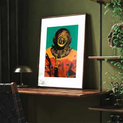 Painting Pop Art Wall Art from Greece | Orange & Green sponge diver from Kalymnos island, by George Tatakis - Framed Poster