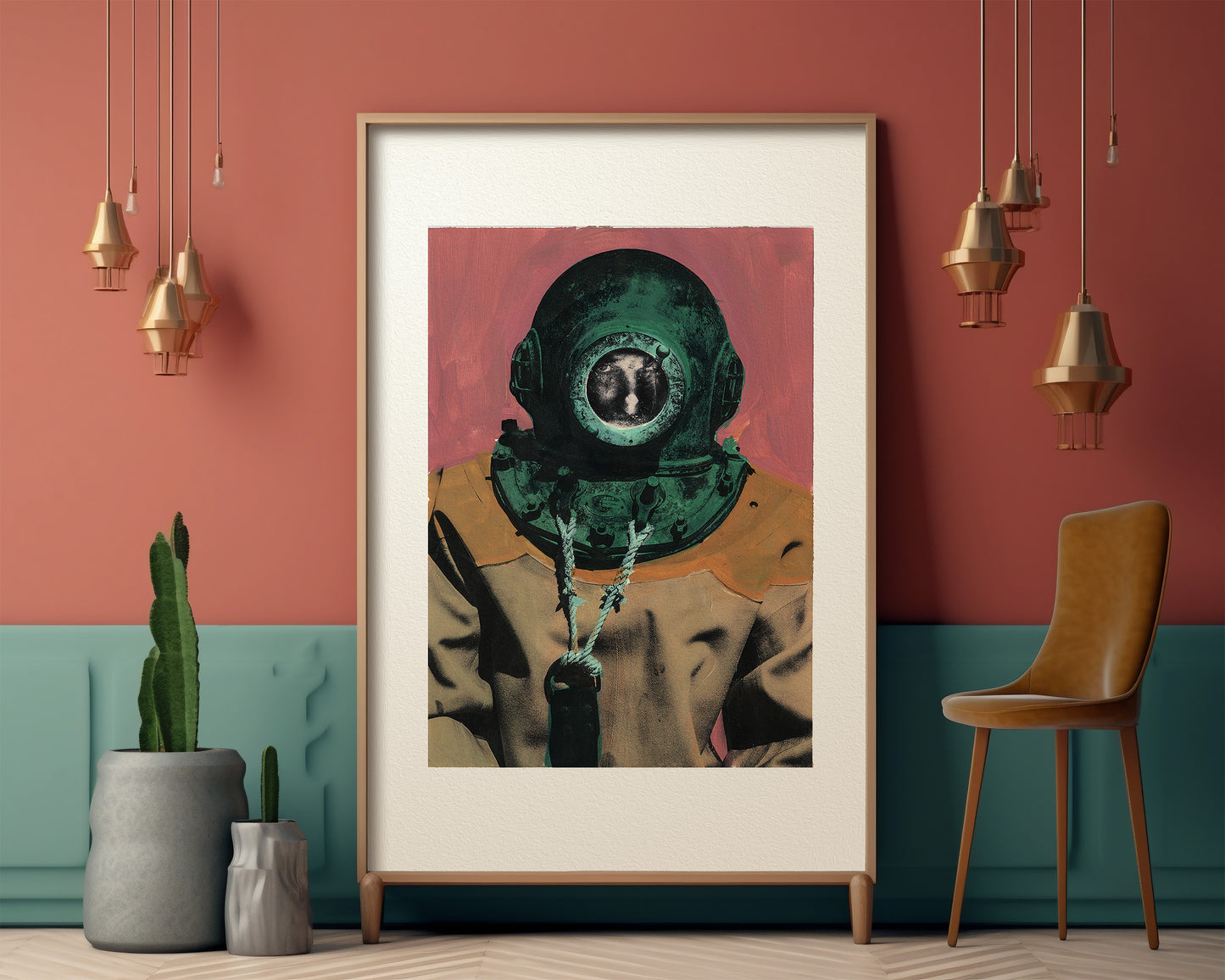 Painting Pop Art Wall Art from Greece | Pink & Green sponge diver from Kalymnos island, by George Tatakis - inside an eclectic room